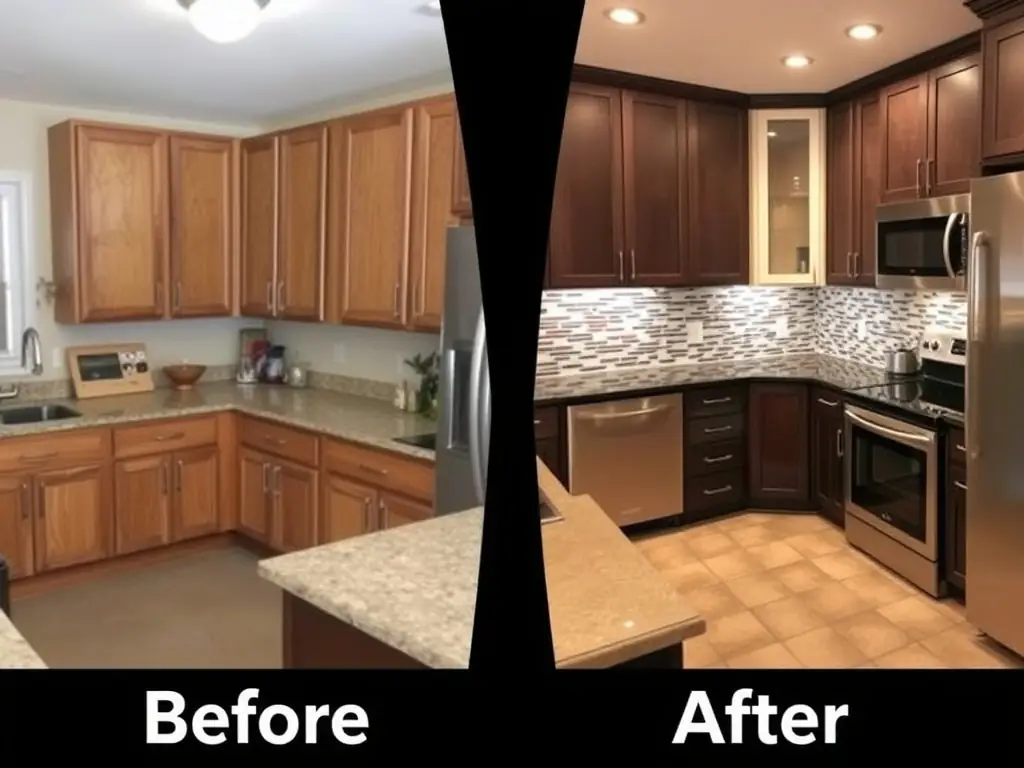 A before-and-after image of a renovated kitchen showcasing modern cabinetry, countertops, and updated appliances, highlighting the transformation achieved through Florida Remodel and Paint's home remodeling service.