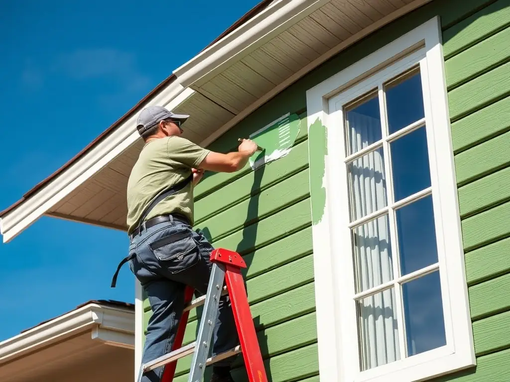 An image of a painter applying fresh paint to a home's exterior with a ladder and professional equipment, showcasing Florida Remodel and Paint's expertise in exterior painting services.