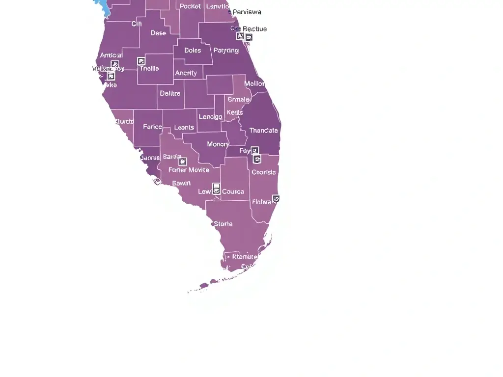 A detailed map of Florida highlighting the counties where Florida Remodel and Paint provides services. The highlighted areas should be clearly visible and labeled with county names.