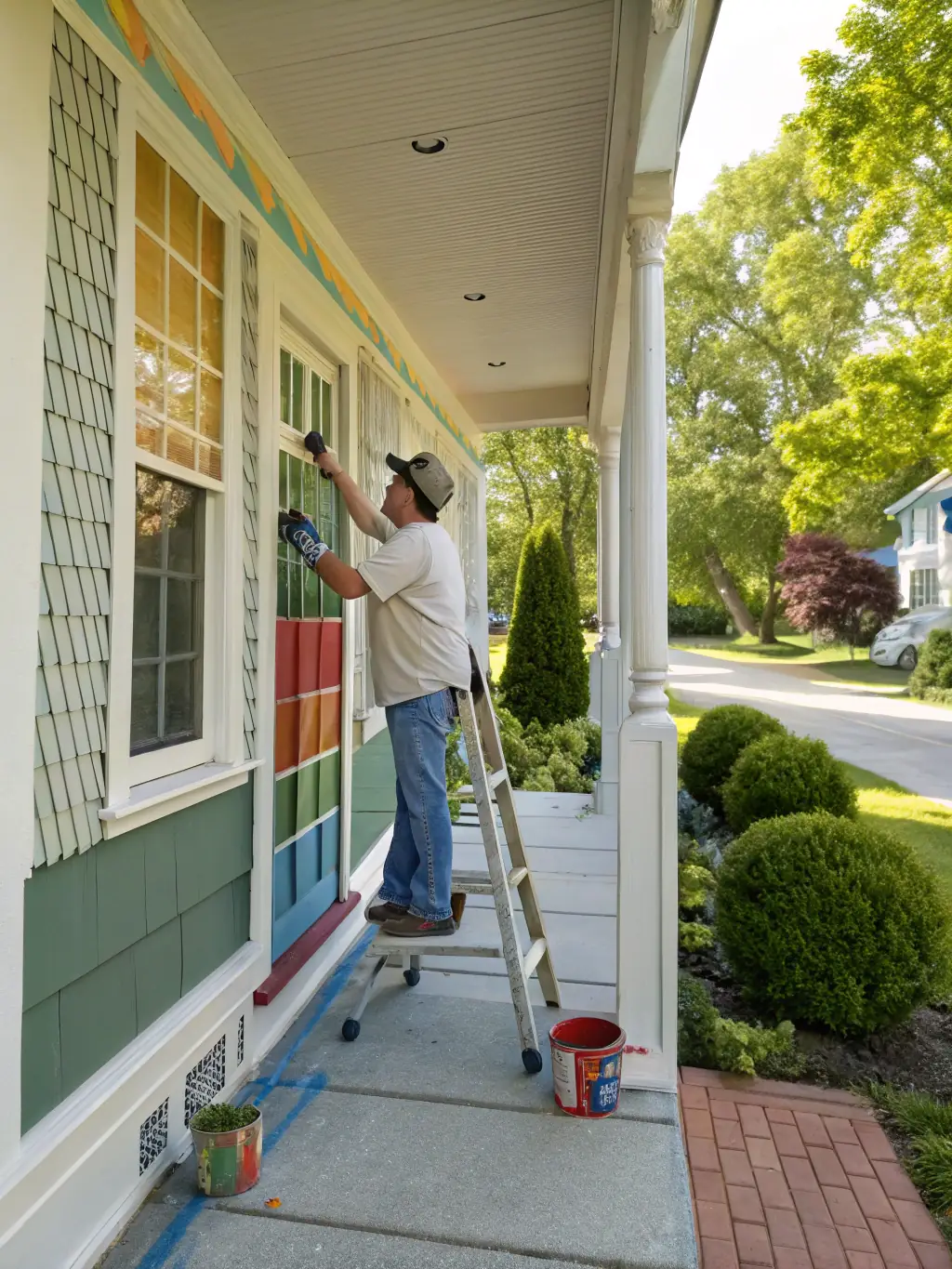 An image of a painter applying fresh paint to a home's exterior with a ladder and professional equipment, demonstrating the quality of Florida Remodel and Paint's painting services.