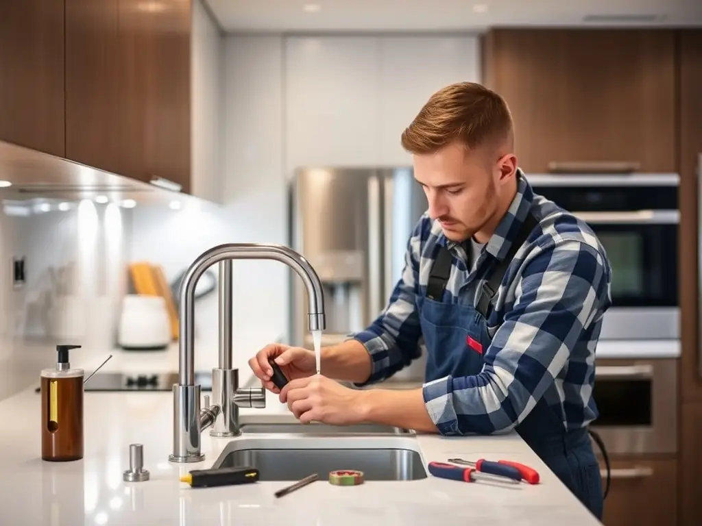 A handyman fixing a leaky faucet in a bathroom with tools in hand, demonstrating Florida Remodel and Paint's handyman services for home repairs and small projects.