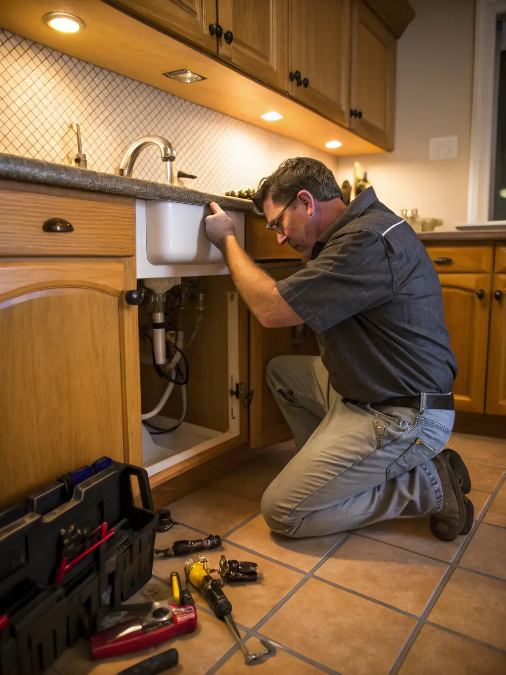 A handyman fixing a leaky faucet in a bathroom with tools in hand, showcasing Florida Remodel and Paint's handyman services.