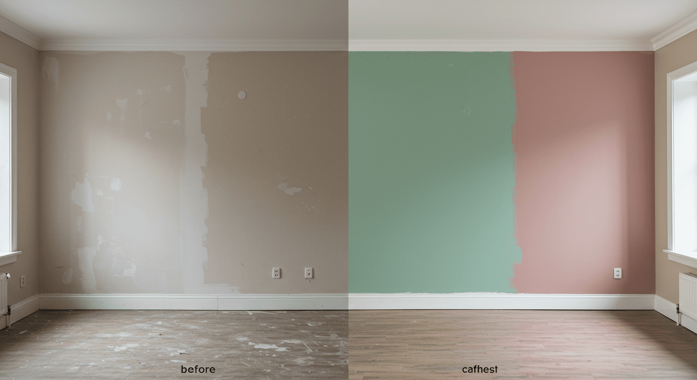 A split image showing a room before and after painting. The left side displays a dull, unpainted wall, while the right side showcases the same wall transformed with a fresh, vibrant color, illustrating the dramatic change.