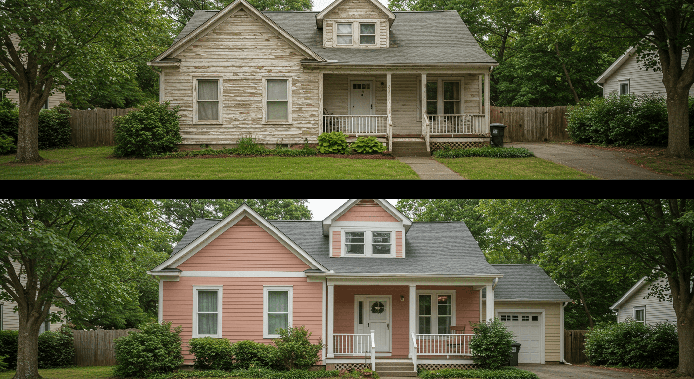 A before-and-after comparison of a house exterior, showcasing the dramatic transformation achieved through professional painting services.