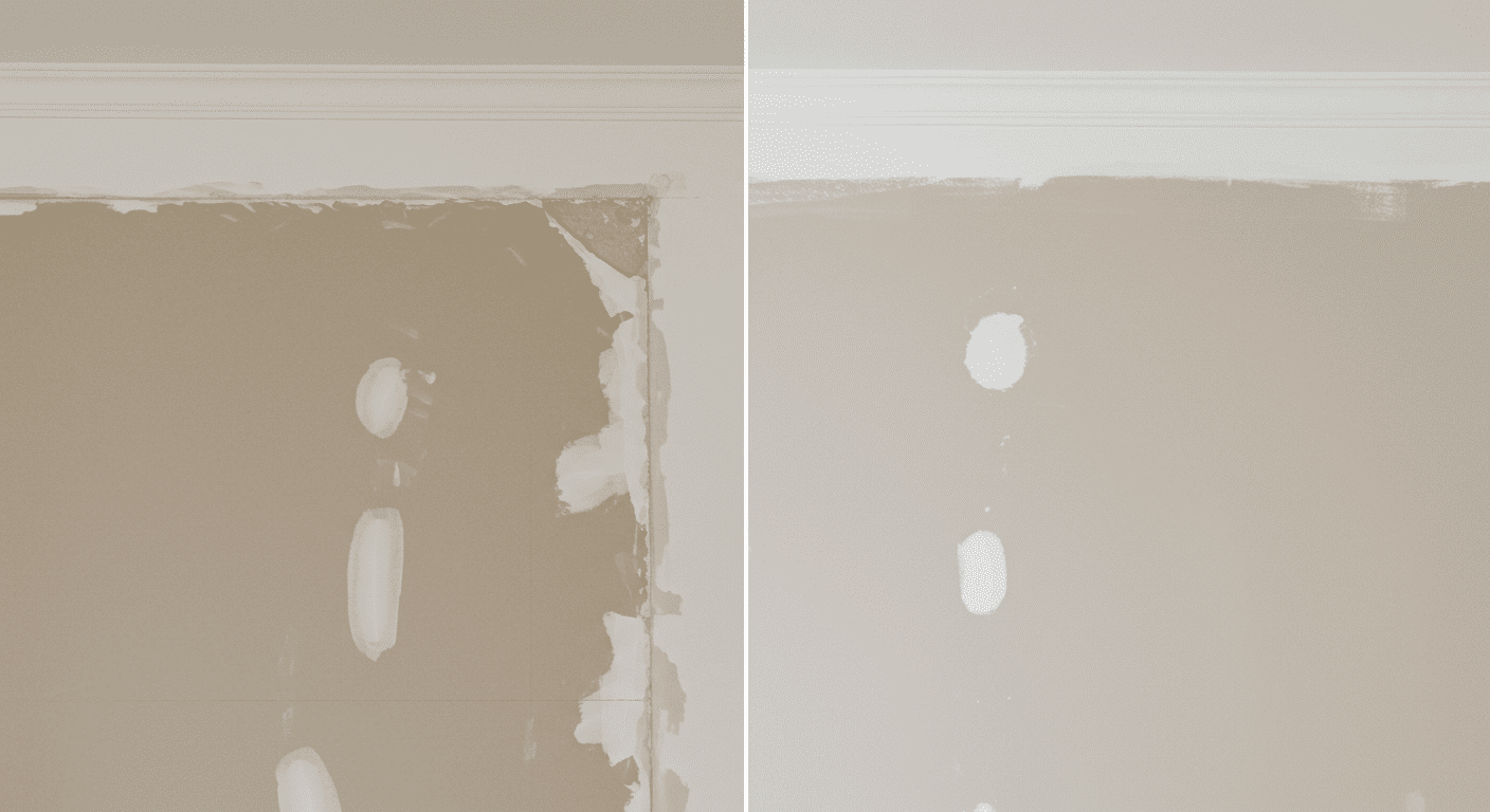 A split image showing a damaged drywall section on one side and the same section beautifully repaired and painted on the other. This visually represents the transformation that drywall repair can achieve.