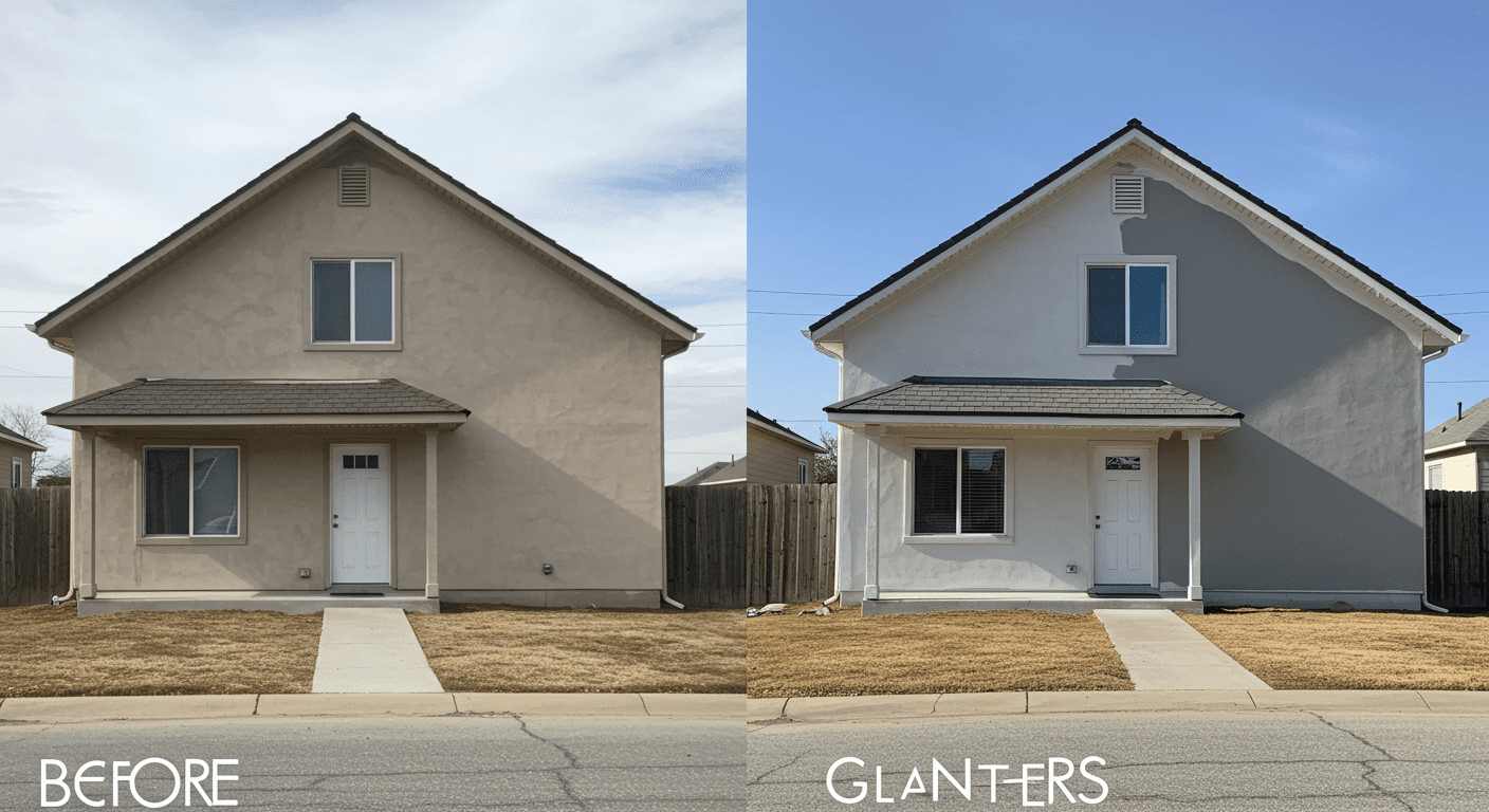A split image showing a house before and after painting, highlighting the dramatic transformation and the quality of work done by local painters.