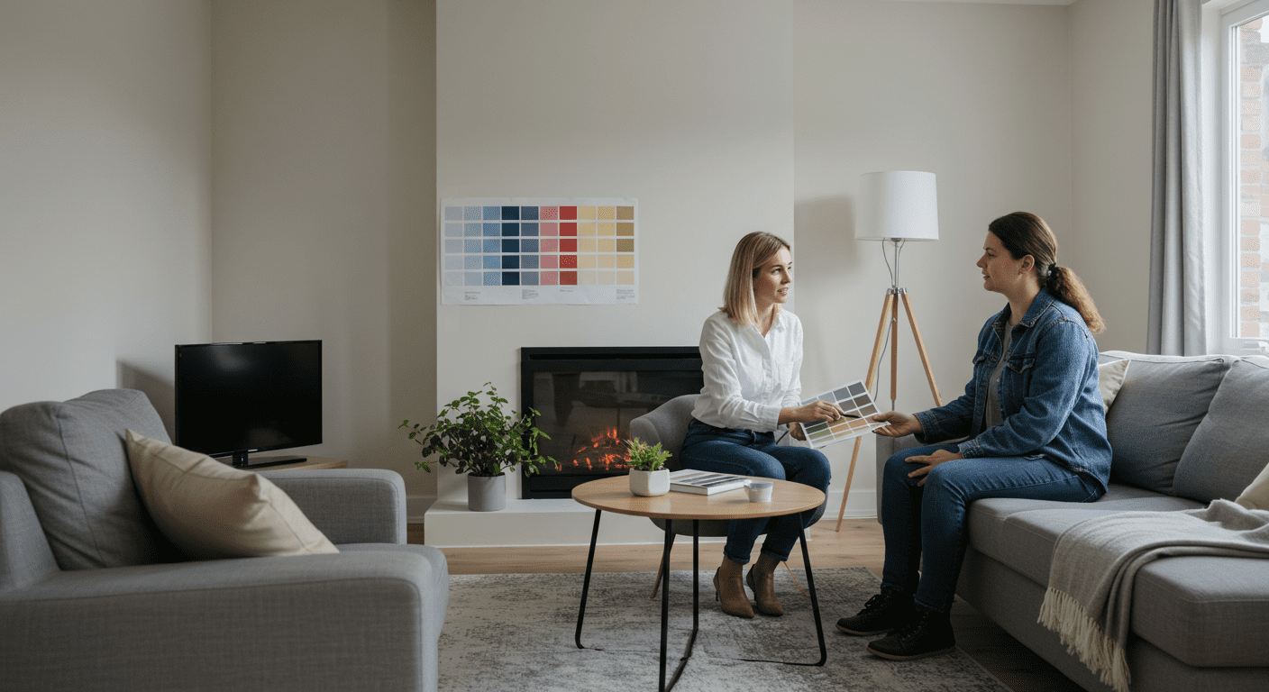 A cozy living room with a stunning color palette, featuring a color consultation session. A designer is showing color swatches to a homeowner, with the freshly painted walls in the background.