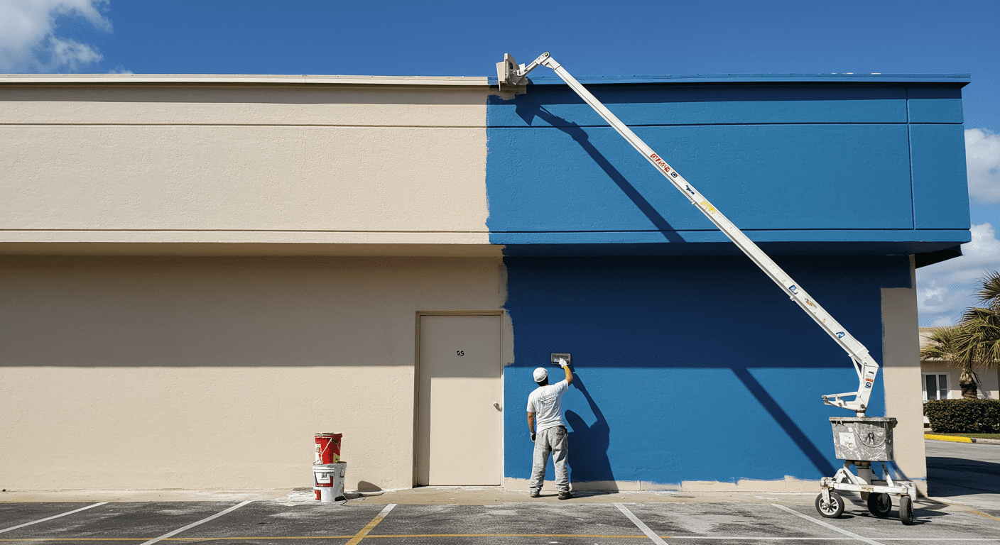 A vibrant scene of a professional painter applying a fresh coat of paint to a commercial building in Cutler Bay, showcasing the transformation of the exterior.
