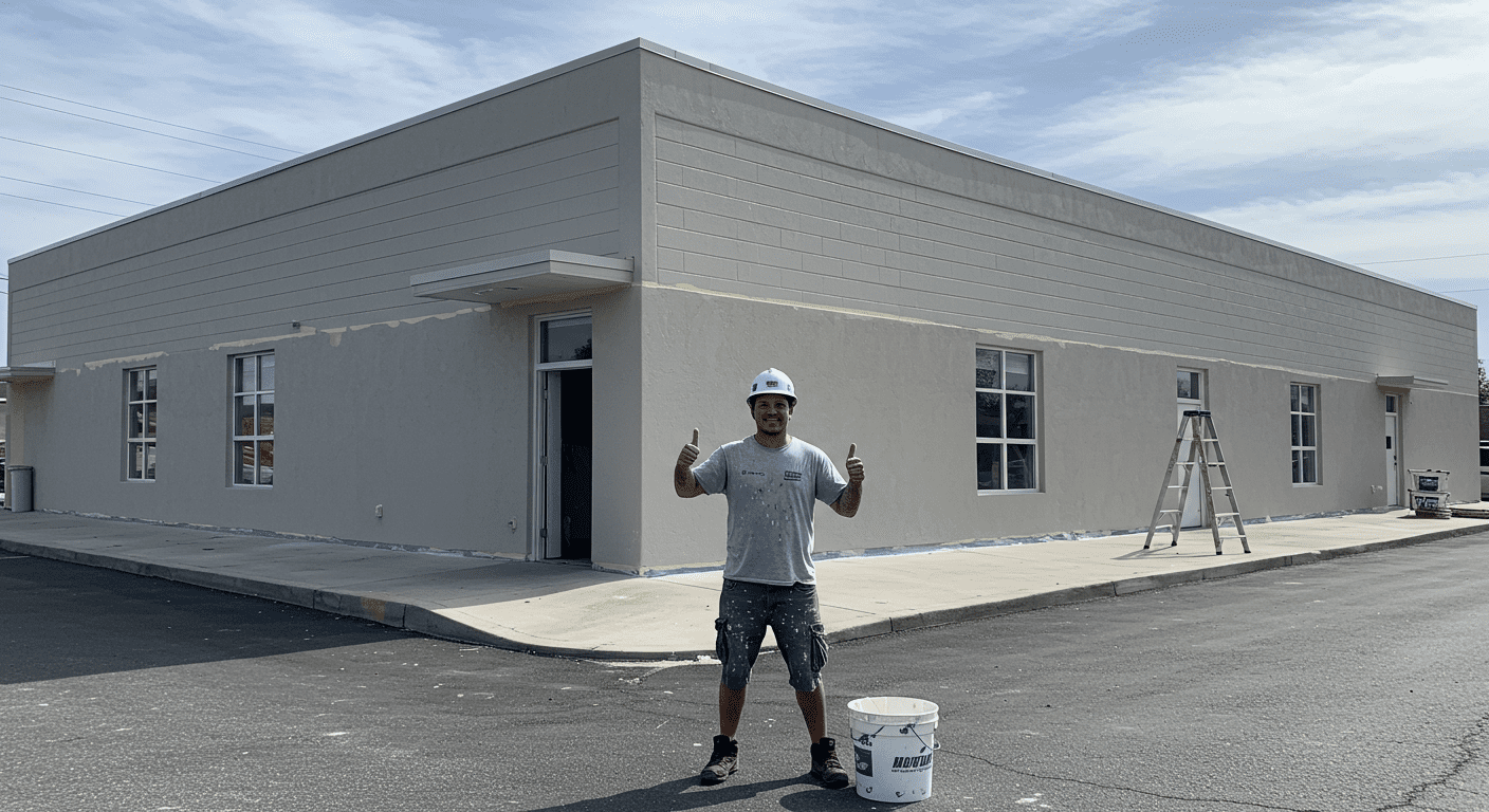 A painter standing proudly next to a completed commercial building, showcasing the professional finish.