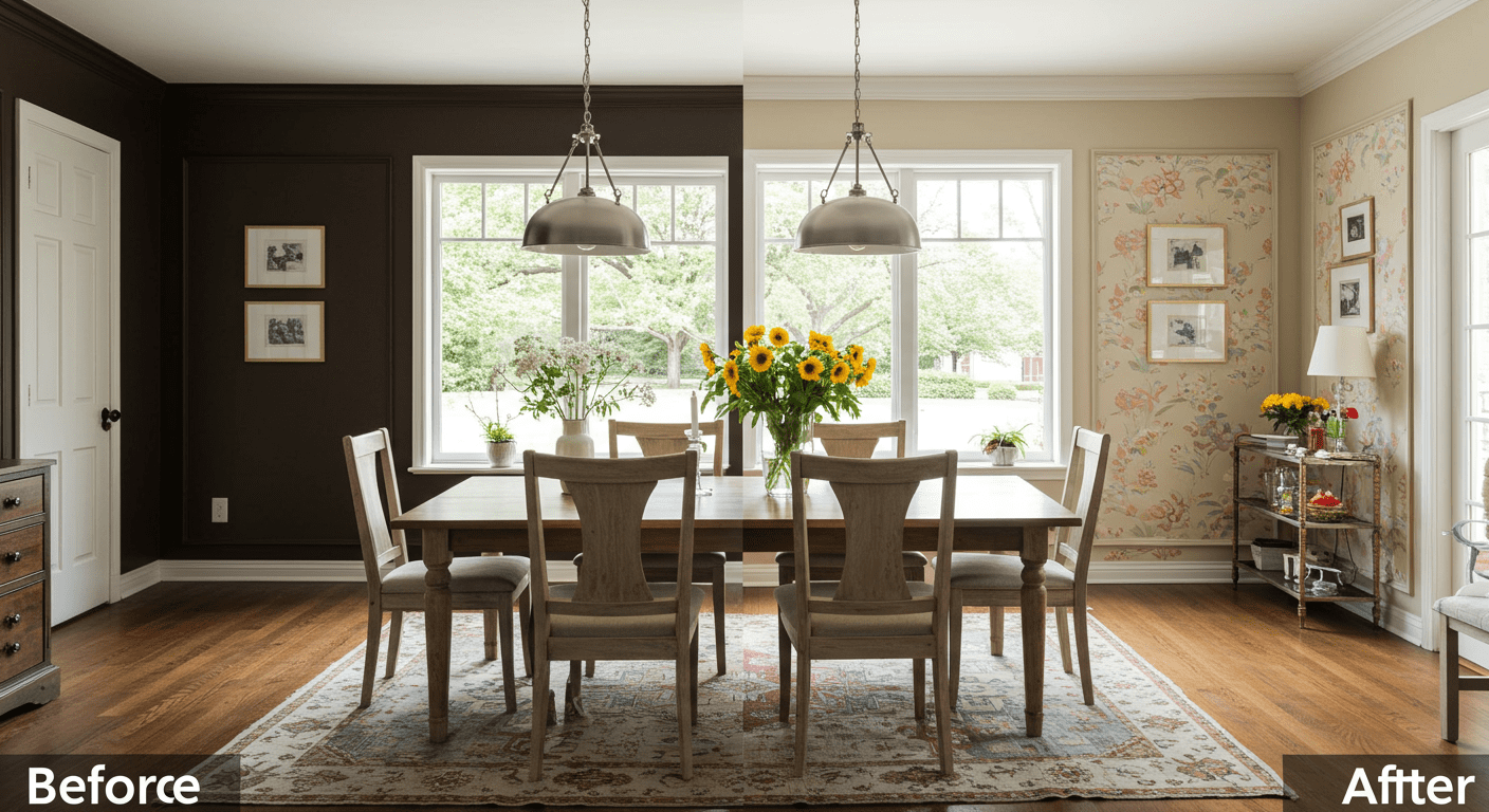 A dining room transformation featuring a before and after view. The 'before' side has dark, heavy colors, while the 'after' side showcases a light, airy space with cheerful colors and elegant decor.