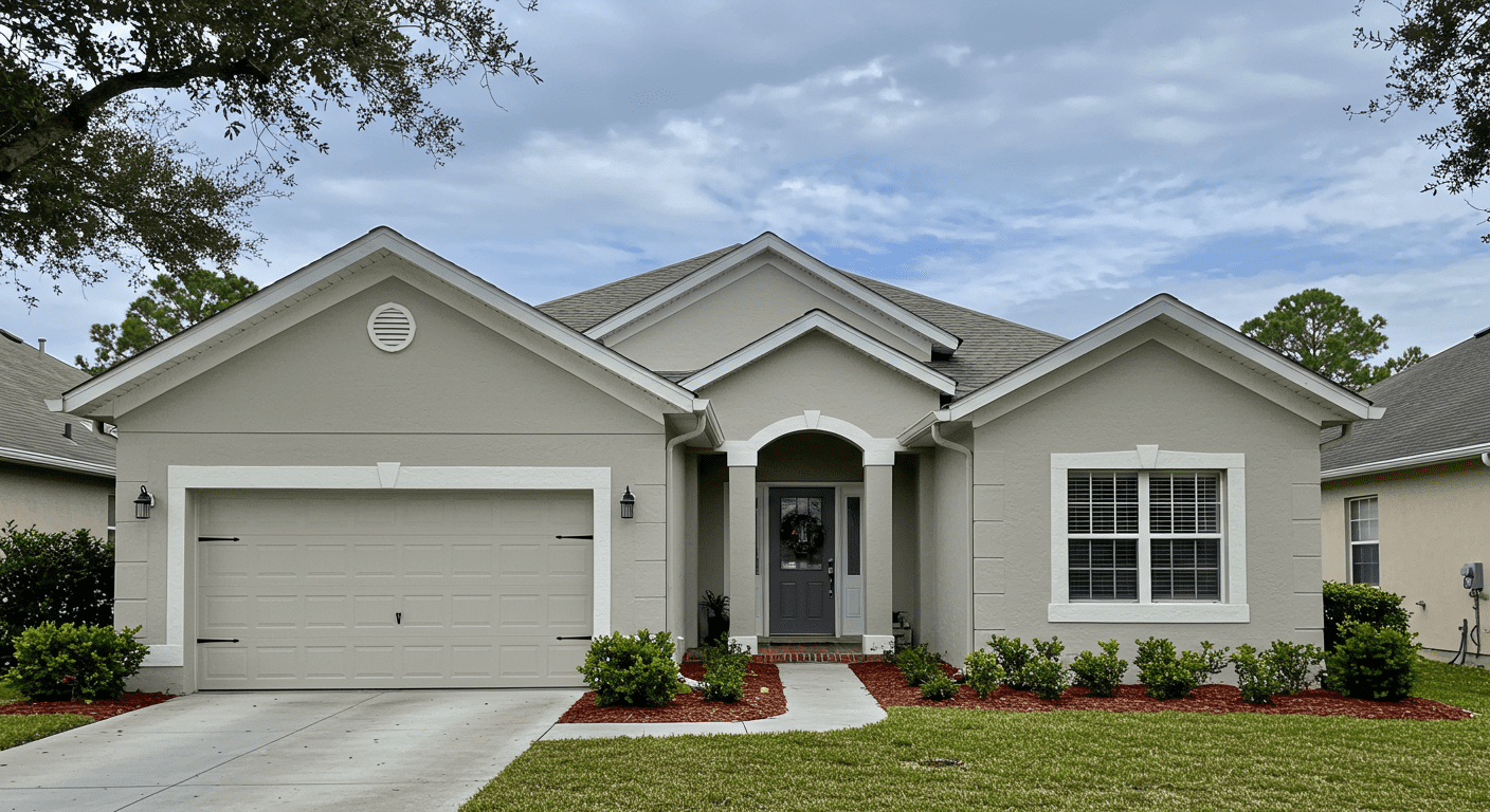 A beautiful home in Sarasota with freshly painted exterior walls. The image captures the house surrounded by lush greenery and a clear blue sky, showcasing curb appeal and quality workmanship.