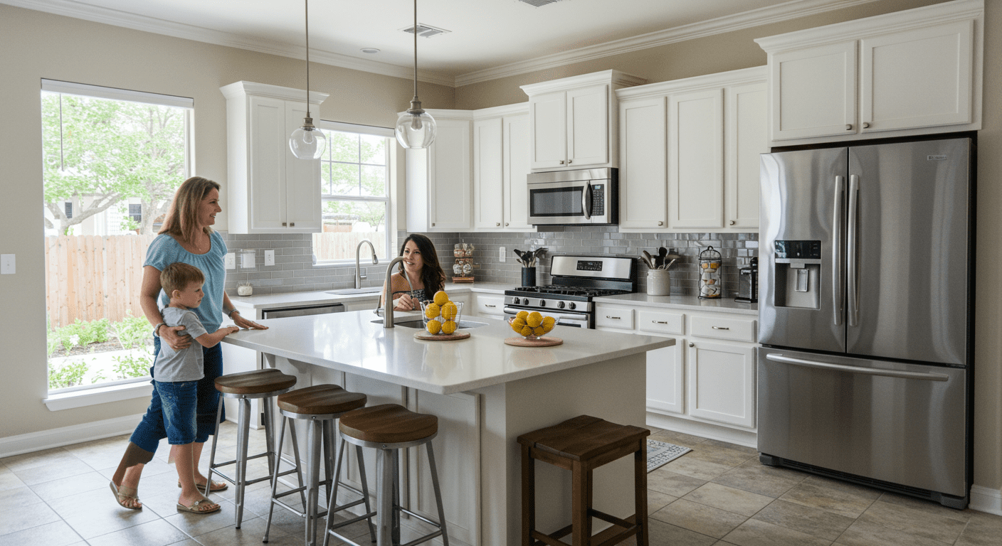 A dynamic image of a family enjoying their newly remodeled kitchen in Largo, FL. The kitchen features modern appliances, a fresh color scheme, and stylish decor, conveying a sense of warmth and happiness in the remodeled space.