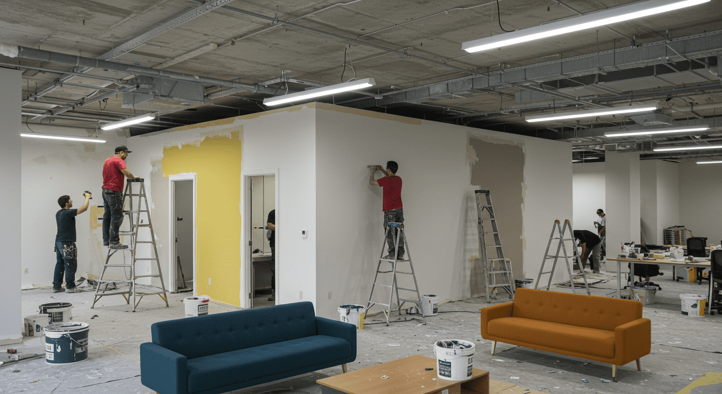An interior view of a modern office space being painted. Professional painters are seen working on the walls, with ladders and paint supplies around. The image captures the transformation of the workspace into a more inviting environment.