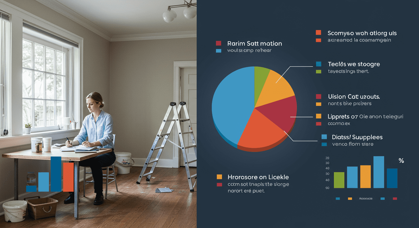 A visually engaging infographic-style image that illustrates the breakdown of costs associated with interior painting, including paint, labor, and supplies. The image features pie charts and bar graphs to represent different cost components.