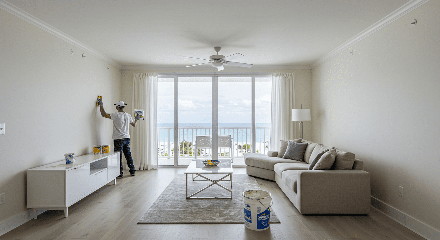 A professional painter applying a fresh coat of paint to a stylish living room in a Miami Beach apartment.