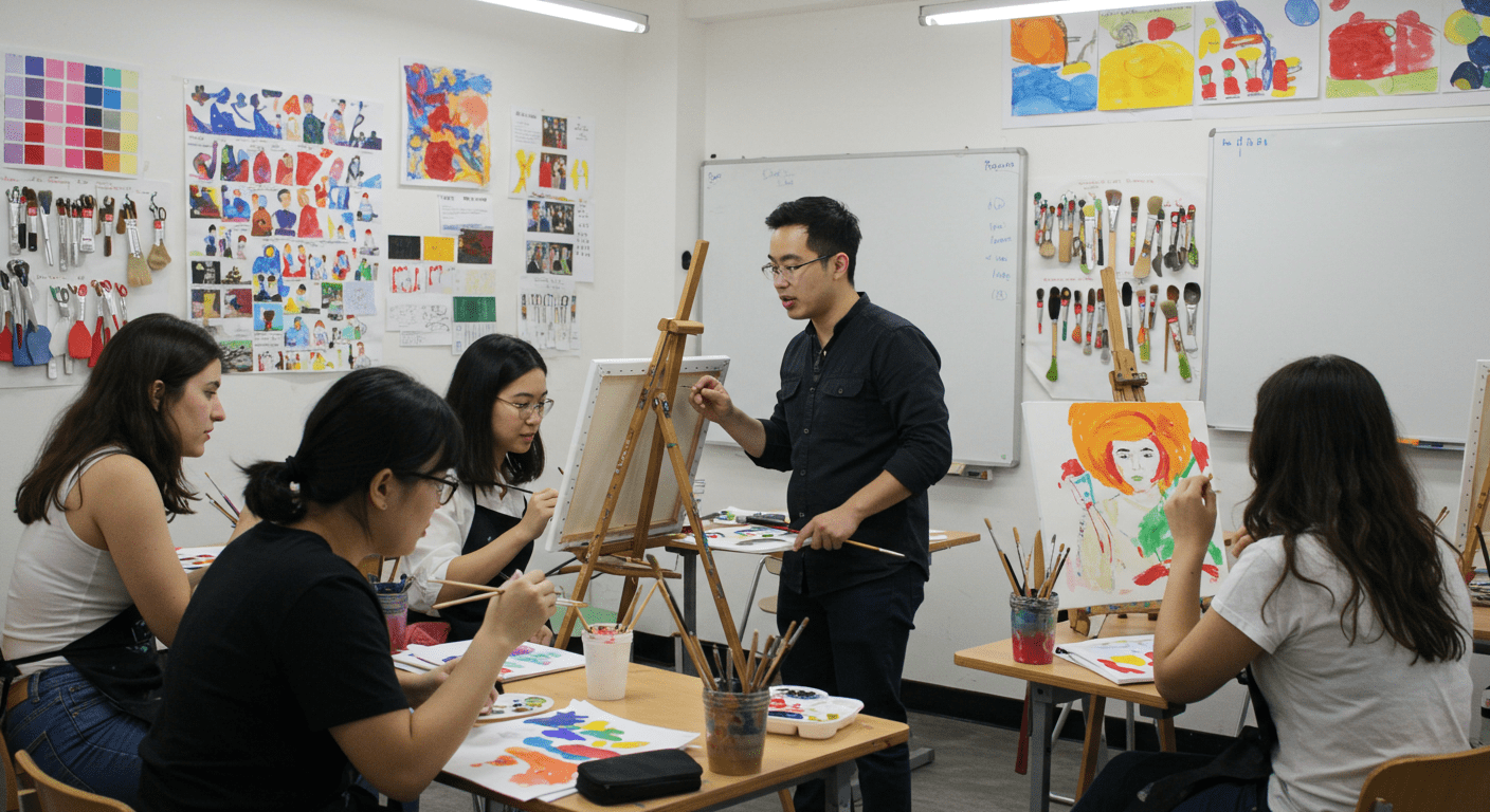 A vibrant classroom setting where students are engaged in a painting course. The instructor is demonstrating painting techniques on a canvas, while students practice with brushes and paints. The walls are adorned with colorful paint swatches and tools.