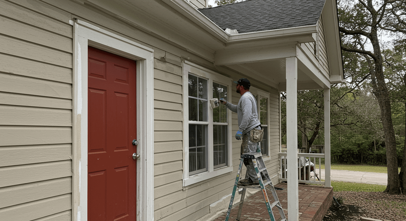 A professional exterior house painter in Tallahassee, FL, applying a fresh coat of paint to a charming residential home. The painter is focused and skilled, showcasing their expertise.