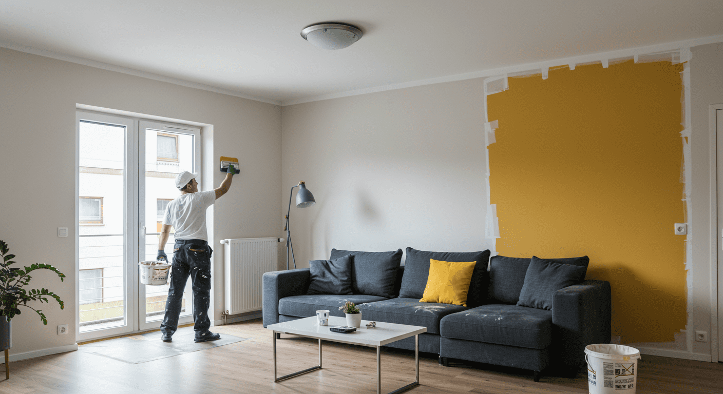 A professional painter in action, applying a fresh coat of paint to a living room wall. The room is well-lit, showcasing vibrant colors and a modern aesthetic.