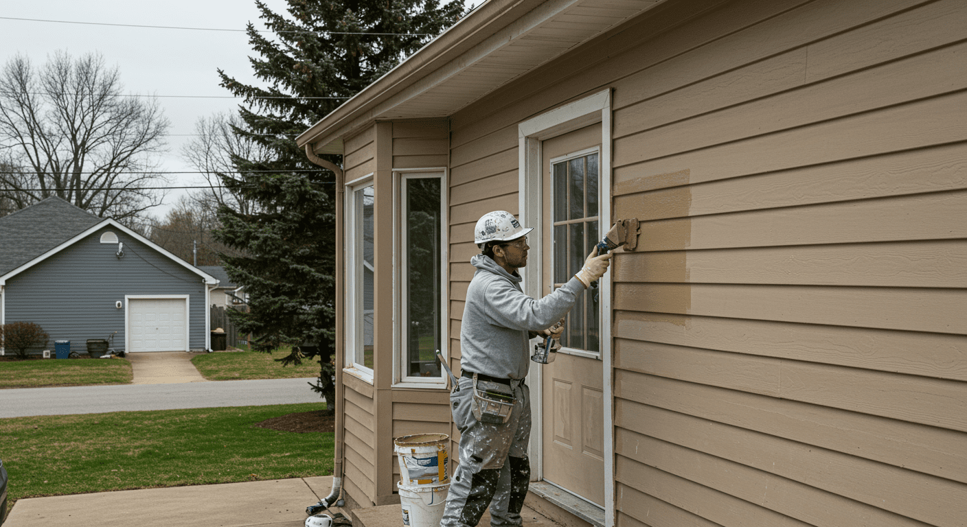 A professional painter applying a fresh coat of vibrant paint to the exterior of a charming suburban home. The painter is focused and wearing safety gear, showcasing professionalism.
