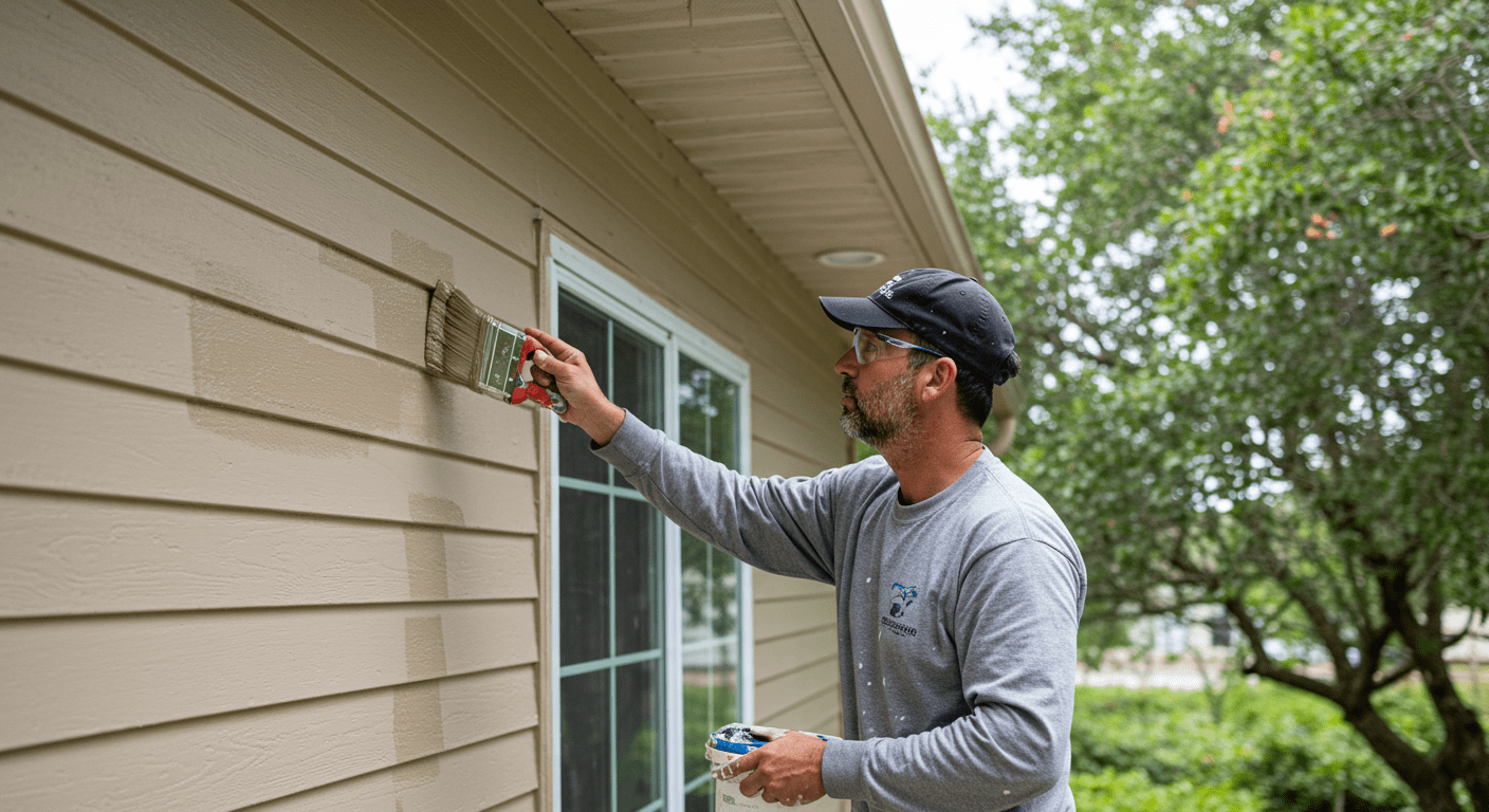 A skilled painter applying a fresh coat of vibrant paint to the exterior of a beautiful home in Port St. Lucie. The painter is focused and using high-quality tools, showcasing professionalism.