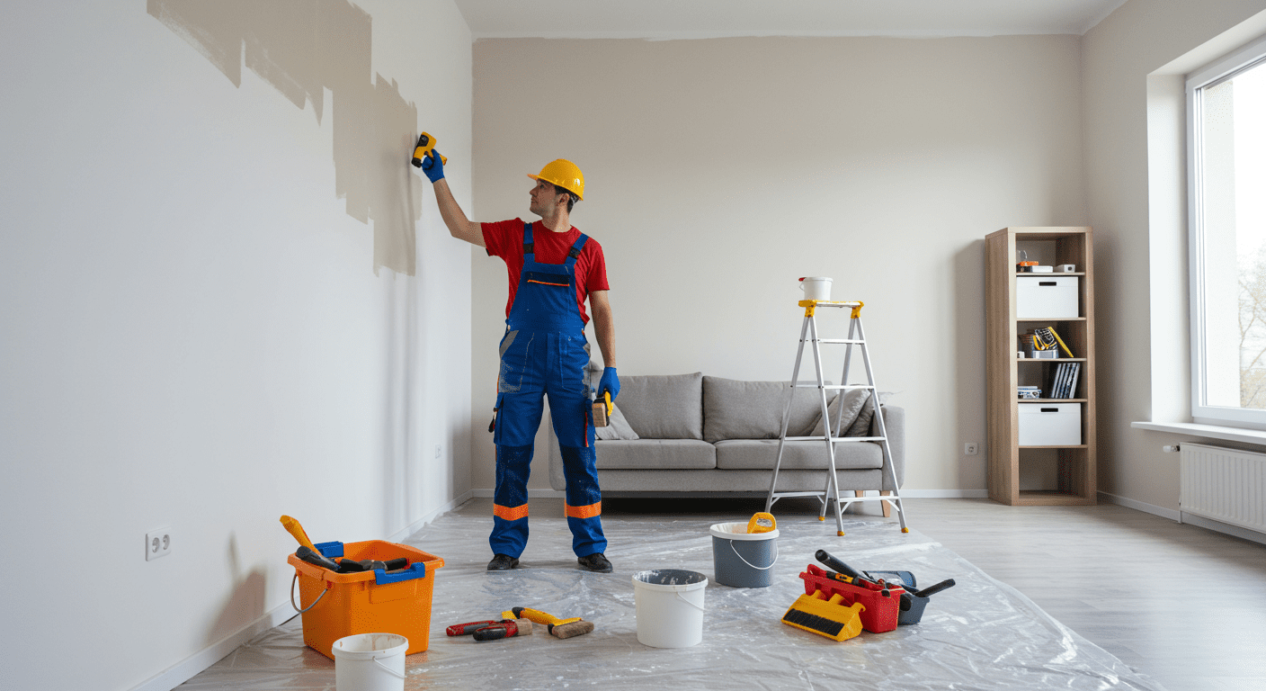 A professional painter in action, carefully painting a wall in a modern living room. The image captures the professionalism and expertise of hiring a pro, with tools and equipment neatly arranged.