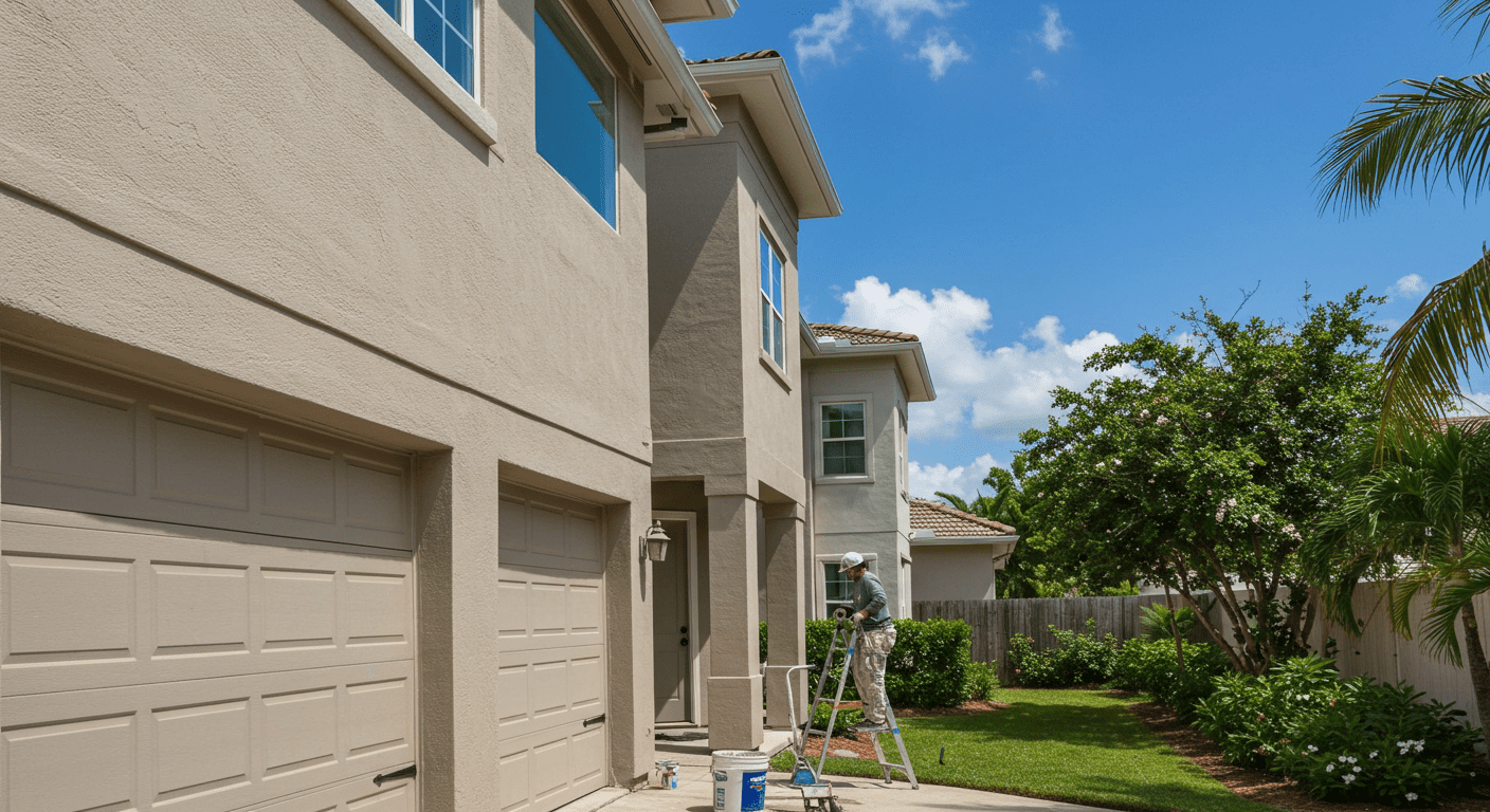 A vibrant image showcasing a professional painter applying a fresh coat of paint to a modern home exterior in Deerfield Beach.