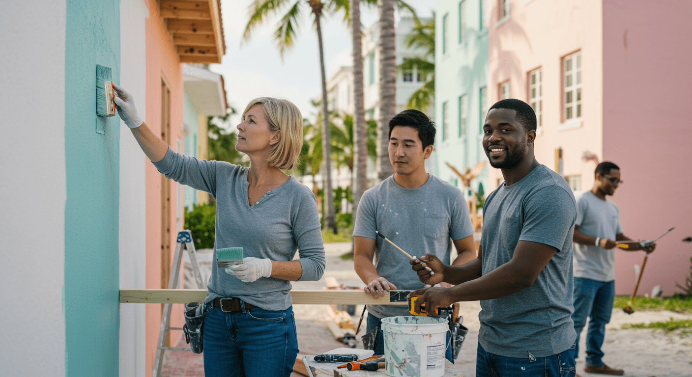 A diverse team of professional painters and remodelers collaborating on a project in a Miami Beach neighborhood.