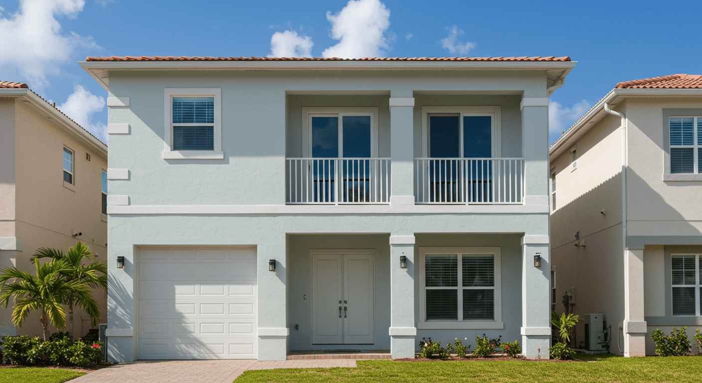 An exterior view of a stylish home in Pompano Beach, showcasing its freshly painted exterior against a clear blue sky. The image highlights the architectural details and vibrant colors that reflect the local aesthetic.