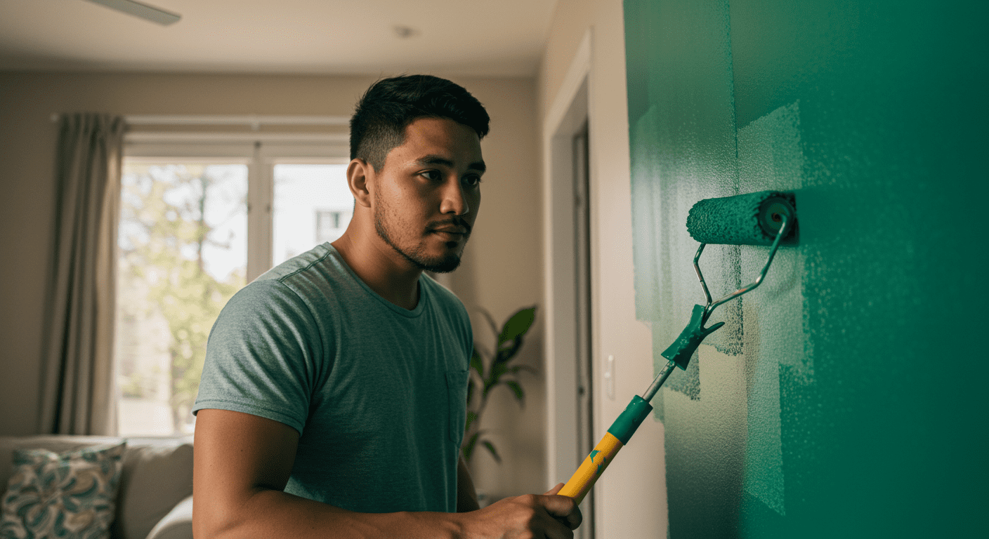 A professional painter applying a fresh coat of vibrant paint on a living room wall, showcasing the transformation of the space.