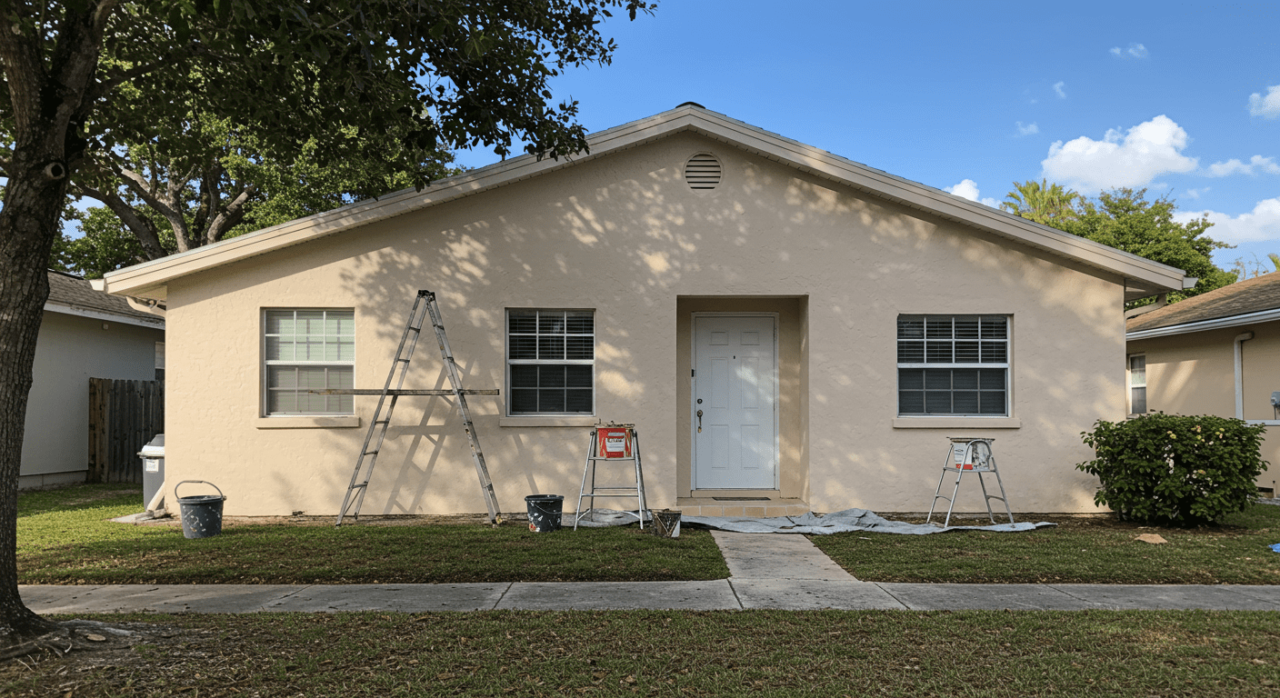 A vibrant image of a house being painted during a sunny winter day in Miami Gardens, showcasing a painter applying a fresh coat of paint on the exterior. The surrounding landscape features lush greenery and clear blue skies.