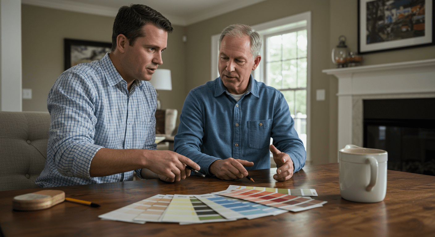 A professional painter discussing color options with a homeowner in a beautifully decorated room. Color swatches are spread out on a table, emphasizing personalized service and attention to detail.