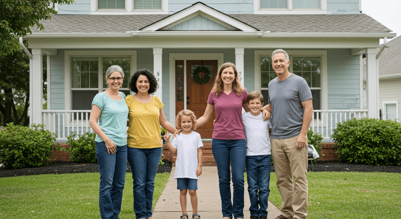 A joyful family standing in front of their newly painted home, showcasing their satisfaction with the painting project. The house is bright and inviting, reflecting the positive outcome of hiring professional painters.