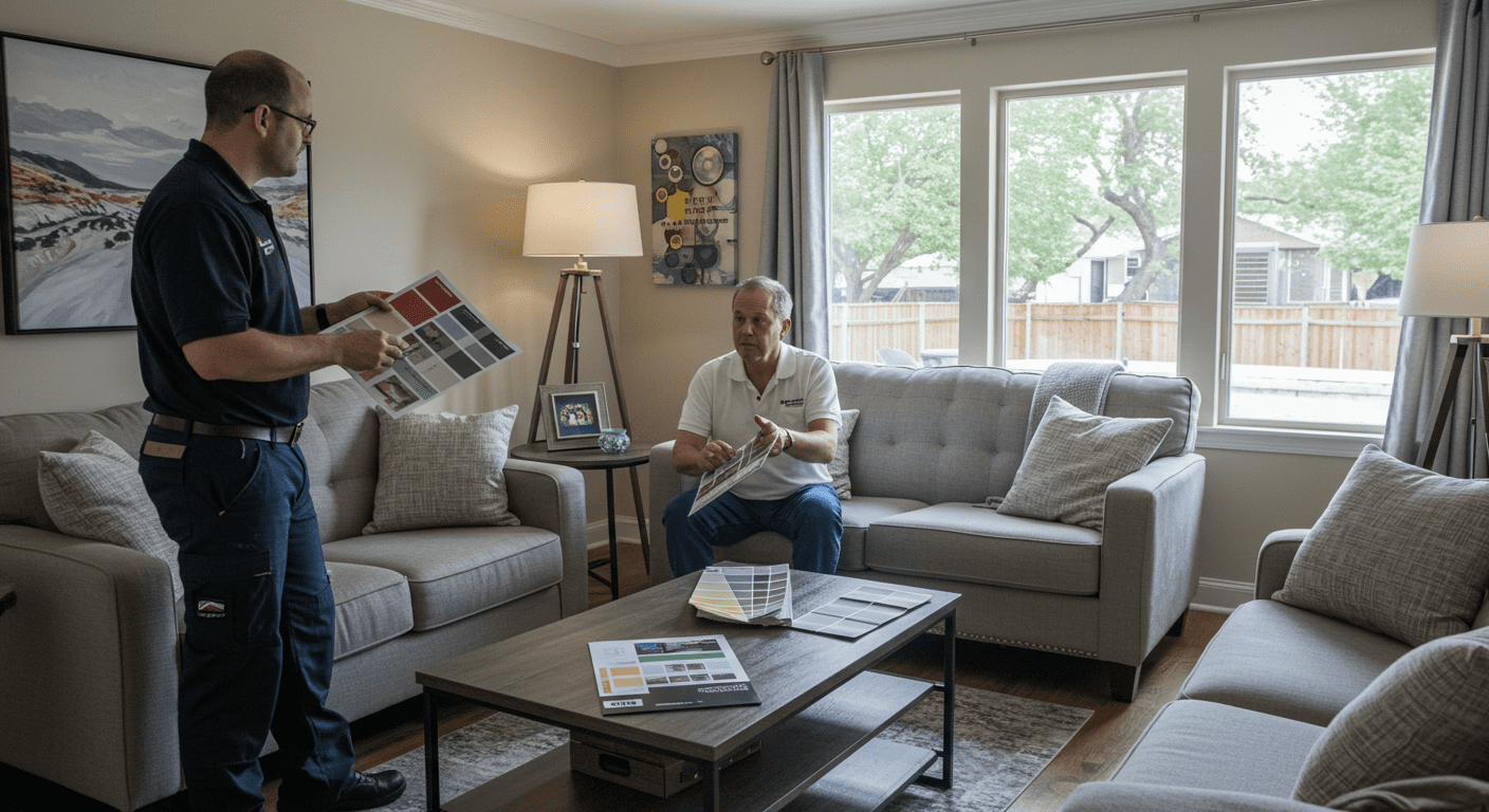 A professional painter discussing color options with homeowners in their living room, showcasing paint samples and visualizers. The room is well-lit and inviting.