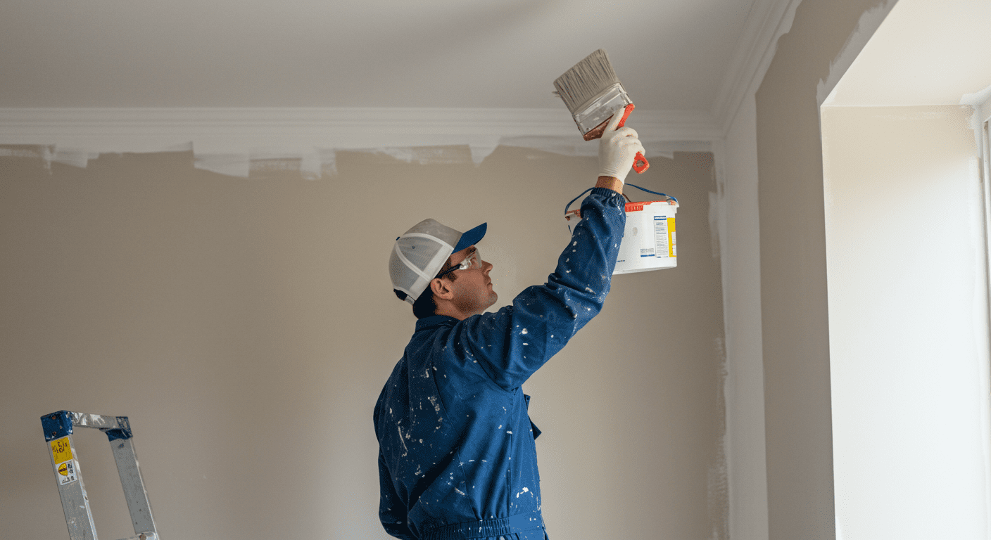 A professional painter at work, applying a fresh coat of paint to a wall in a residential setting. The focus is on the painter's technique and the quality of the work being done.