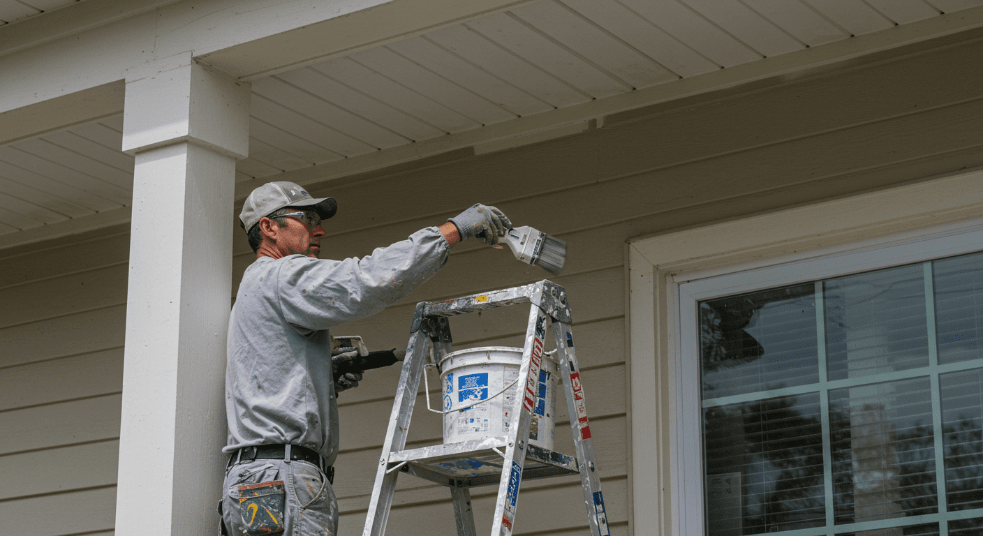 A professional painter in Cutler Bay, FL, applying fresh paint to the exterior of a charming local home.