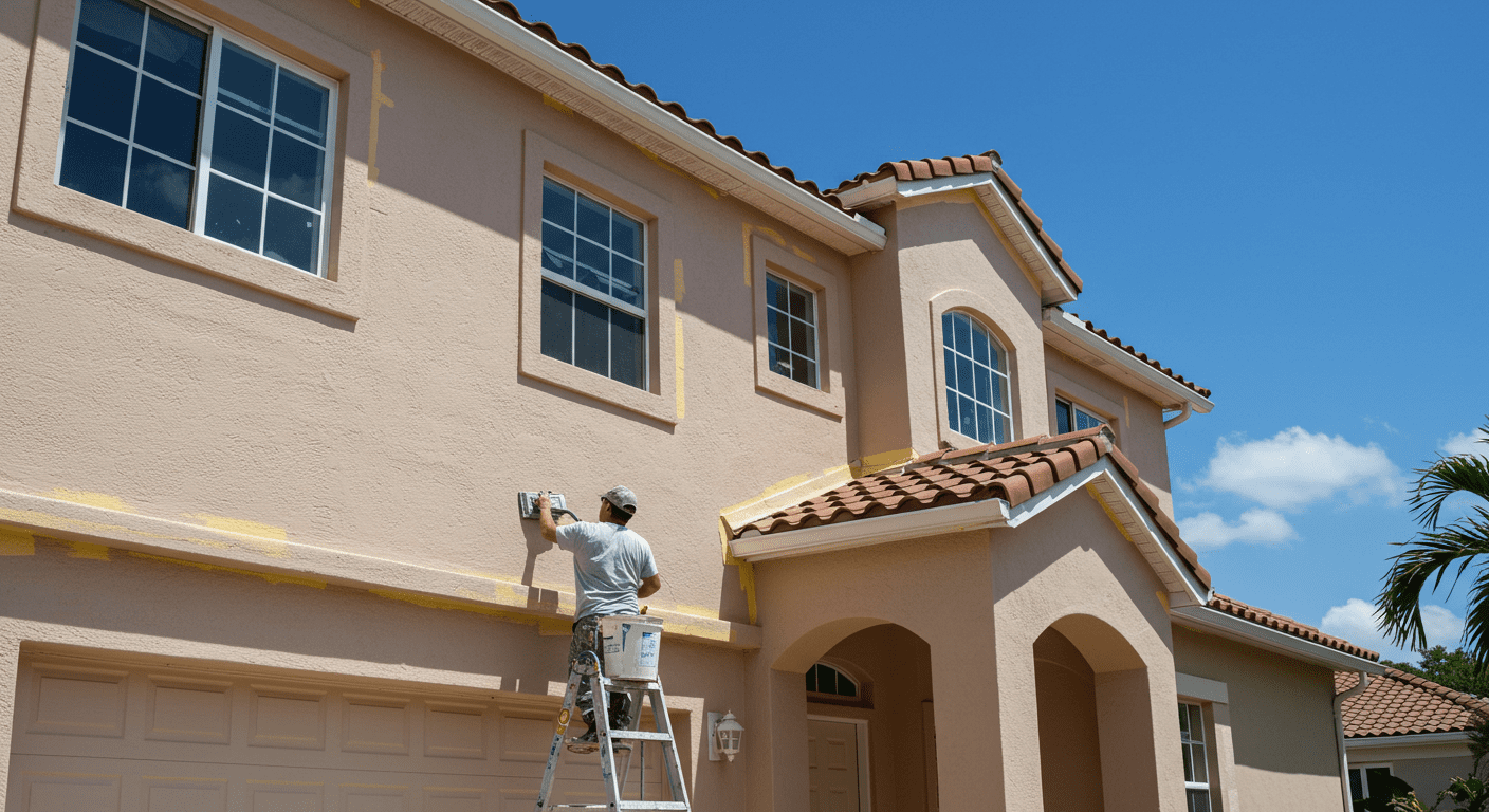 A professional painter applying a fresh coat of paint to the exterior of a beautiful residential home in Hallandale Beach.
