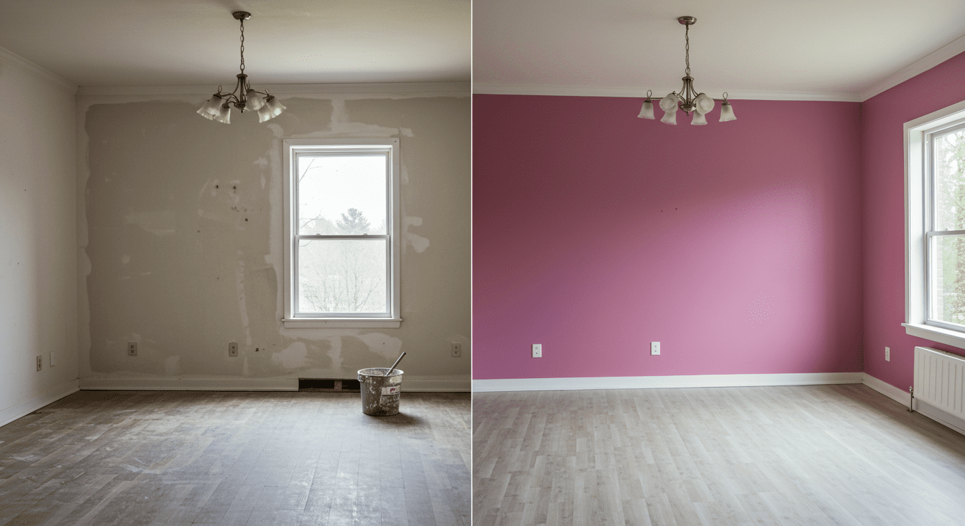 A split image showing a before and after of a room that has been freshly painted. The left side shows a dull, unpainted room, while the right side showcases a vibrant, newly painted space, illustrating the impact of professional painting.