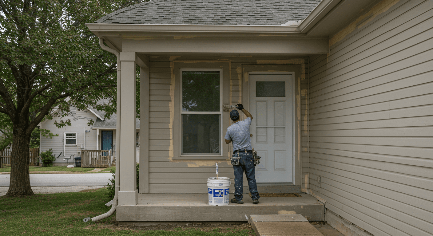 A professional painter in a uniform carefully applying a fresh coat of paint to the exterior of a charming Jacksonville home. The scene captures the painter in action, showcasing their skill and attention to detail.
