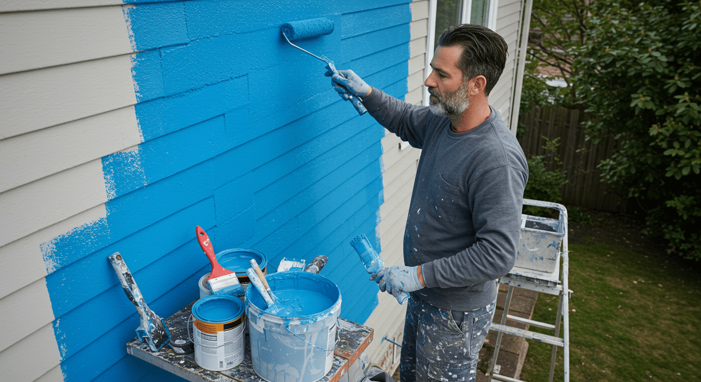 A professional painter applying a fresh coat of paint to a house, with tools and paint cans visible.