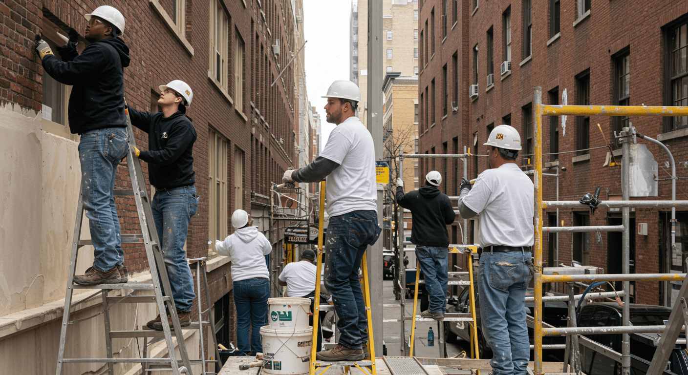 A diverse team of commercial painters working together on an exterior project. They are using ladders and scaffolding, demonstrating teamwork and professionalism in a busy urban setting.