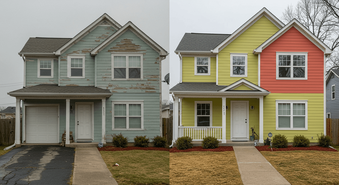 A split image showing a before-and-after transformation of a home’s exterior after a professional painting job.