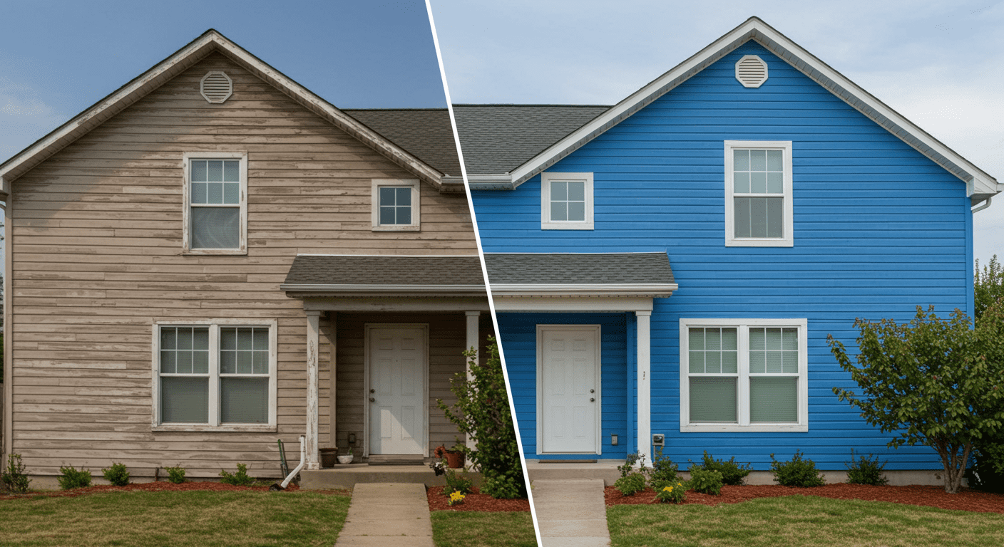 A split image showing the before and after of a home's exterior painting project, highlighting the dramatic transformation.