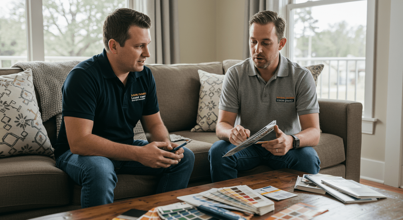 A local painting expert discussing color swatches with a homeowner in their living room, surrounded by paint samples and design materials. The atmosphere feels collaborative and friendly.