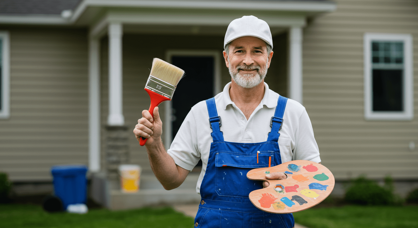 A professional painter standing proudly in front of a house with a freshly painted exterior, holding a paintbrush and palette, symbolizing expertise and craftsmanship.