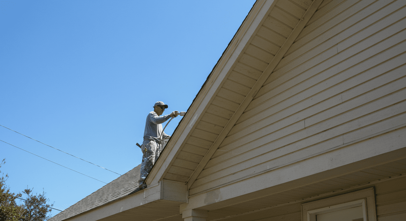 A professional painter in action, applying a fresh coat of paint to the exterior of a charming house in Sanford, FL. The scene captures the painter focused and dedicated, with a beautiful blue sky in the background.