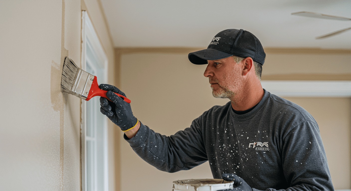 A professional painter in Clearwater, FL, skillfully applying a fresh coat of paint to a residential home. The painter is focused on their work, showcasing precision and expertise.