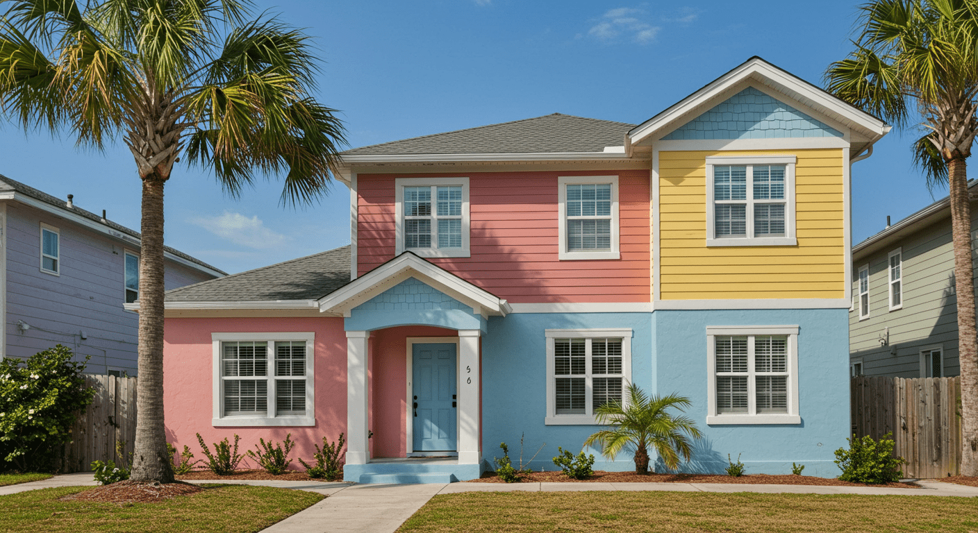 A beautifully painted home in Clearwater, showcasing its vibrant exterior against a backdrop of a clear blue sky and palm trees. The image captures the essence of Florida living.