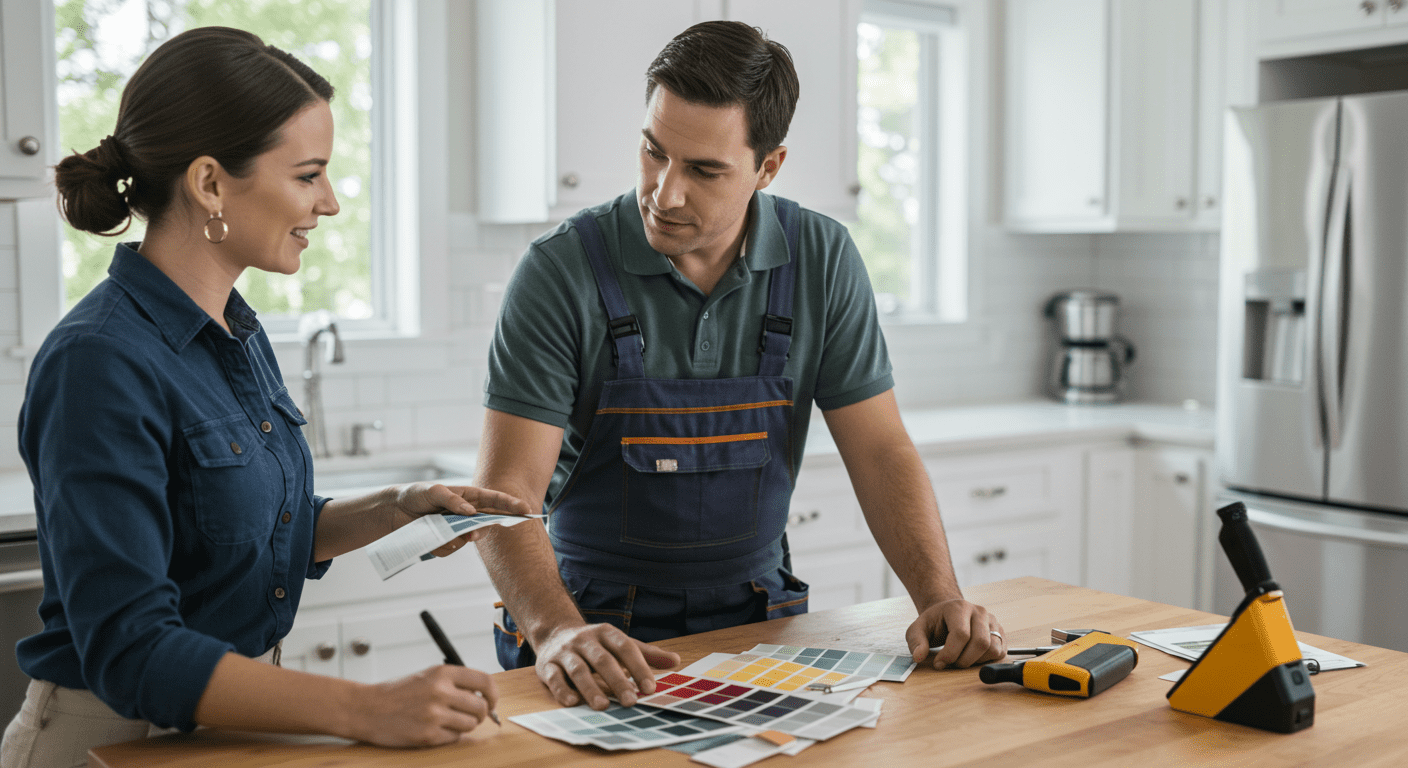 A handyman discussing paint options with a homeowner in a bright, inviting kitchen. Color swatches are spread out on the table, and the homeowner appears engaged and excited about the project.