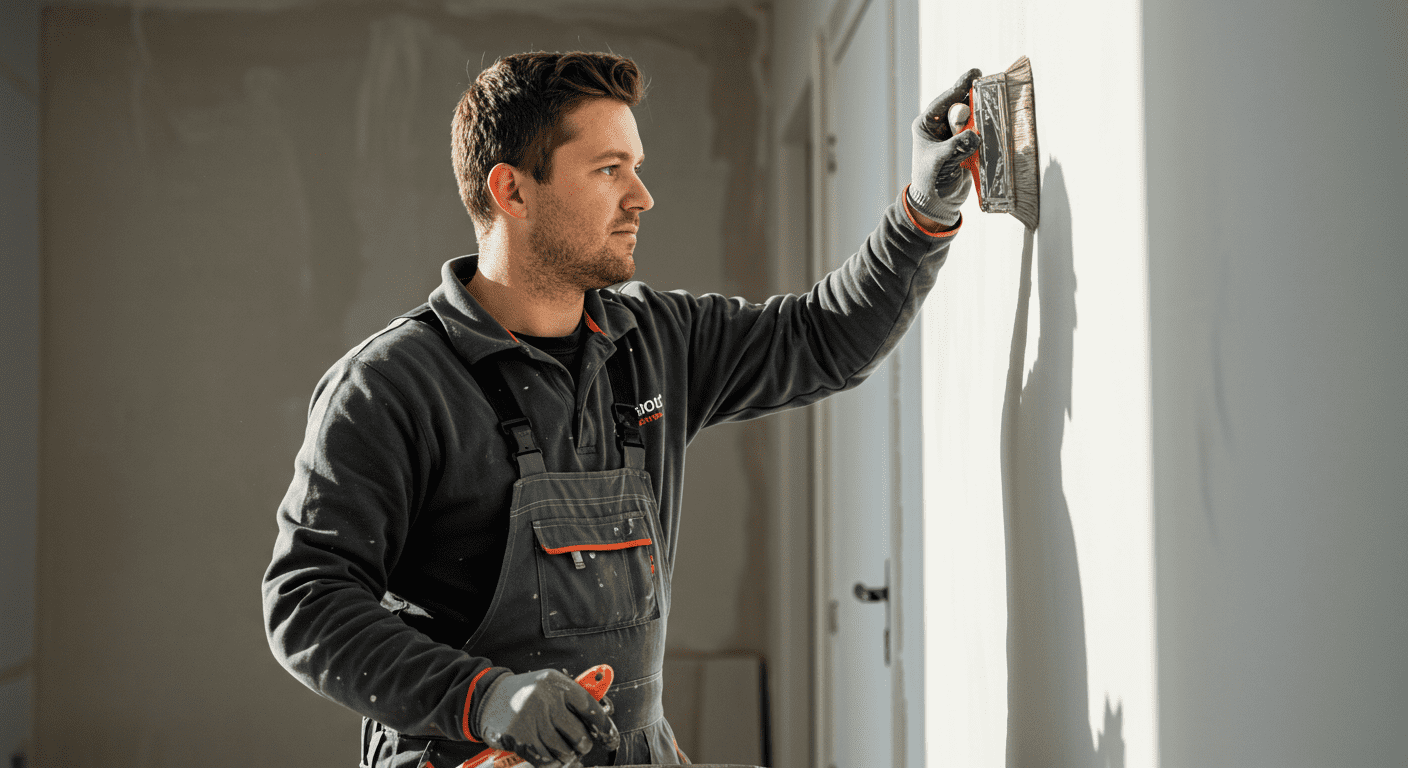 A professional painter in a bright, sunlit room, carefully applying a fresh coat of paint to a wall. The painter is focused and wearing a branded uniform, showcasing professionalism.